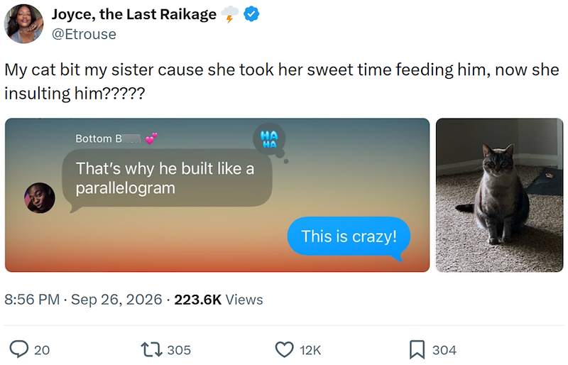 Joyce, the Last Raikage @Etrouse My cat bit my sister cause she took her sweet time feeding him, now she insulting him????? Bottom B That's why he built like a parallelogram 8:56 PM - Sep 26, 2026 - 223.6K Views 20 17305 HA MA This is crazy! 12K 304