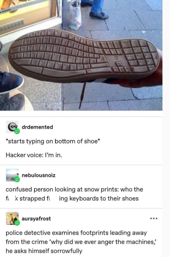drdemented *starts typing on bottom of shoe* Hacker voice: I'm in. nebulousnoiz confused person looking at snow prints: who the fk strapped ft ing keyboards to their shoes aurayafrost police detective examines footprints leading away from the crime 'why did we ever anger the machines,' he asks himself sorrowfully