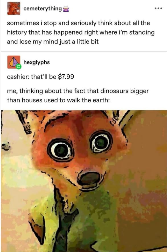 cemeterything sometimes i stop and seriously think about all the history that has happened right where i'm standing and lose my mind just a little bit hexglyphs cashier: that'll be $7.99 me, thinking about the fact that dinosaurs bigger than houses used to walk the earth: