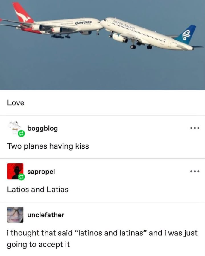 Love QANTAS AIR NEW ZEALAND boggblog Two planes having kiss sapropel Latios and Latias unclefather i thought that said "latinos and latinas" and i was just going to accept it