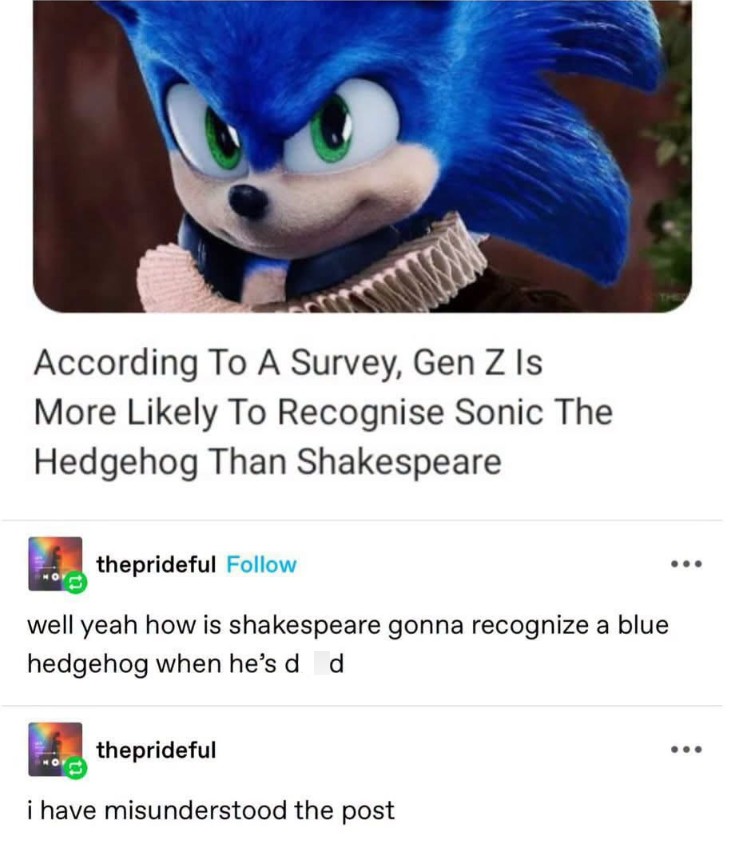 According To A Survey, Gen Z Is More Likely To Recognise Sonic The Hedgehog Than Shakespeare theprideful Follow well yeah how is shakespeare gonna recognize a blue hedgehog when he's d d theprideful i have misunderstood the post