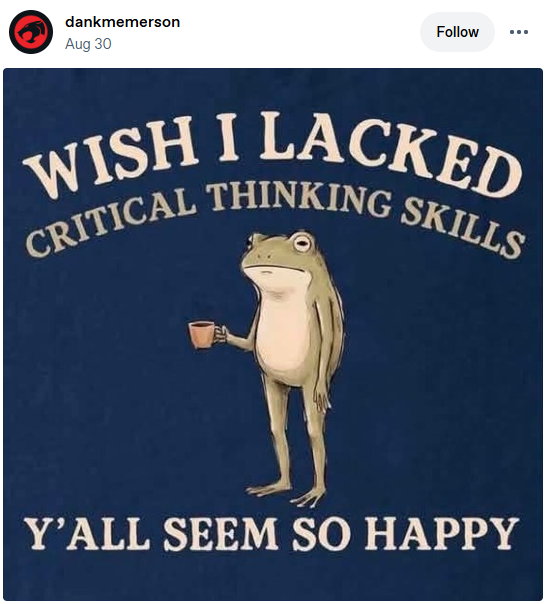 dankmemerson Aug 30 Follow WISH I LACKED CRITICAL THINKING SKILLS Y'ALL SEEM SO HAPPY