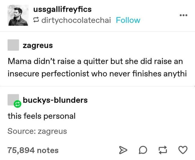 ussgallifreyfics dirtychocolatechai Follow zagreus Mama didn't raise a quitter but she did raise an insecure perfectionist who never finishes anythi buckys-blunders this feels personal Source: zagreus 75,894 notes A on