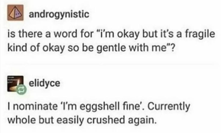 androgynistic is there a word for "i'm okay but it's a fragile. kind of okay so be gentle with me"? elidyce I nominate 'I'm eggshell fine'. Currently whole but easily crushed again.