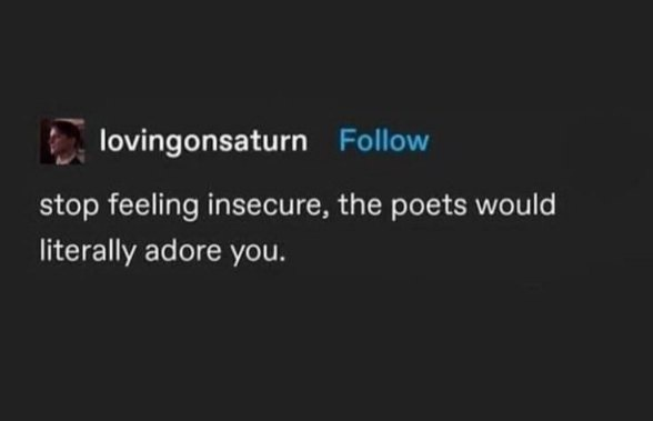 lovingonsaturn Follow stop feeling insecure, the poets would literally adore you.