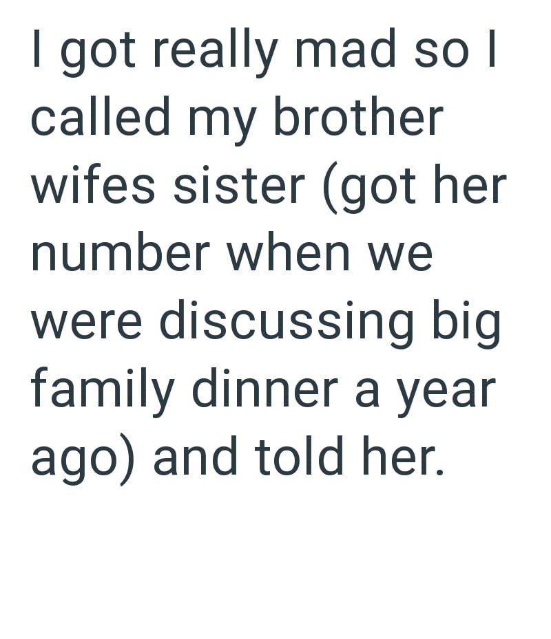 I got really mad so I called my brother wifes sister (got her number when we were discussing big family dinner a year ago) and told her.