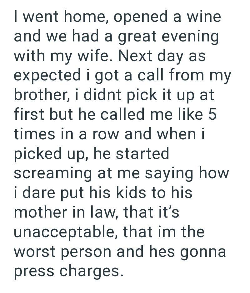 I went home, opened a wine and we had a great evening with my wife. Next day as expected i got a call from my brother, i didnt pick it up at first but he called me like 5 times in a row and when i picked up, he started screaming at me saying how i dare put his kids to his mother in law, that it's unacceptable, that im the worst person and hes gonna press charges.