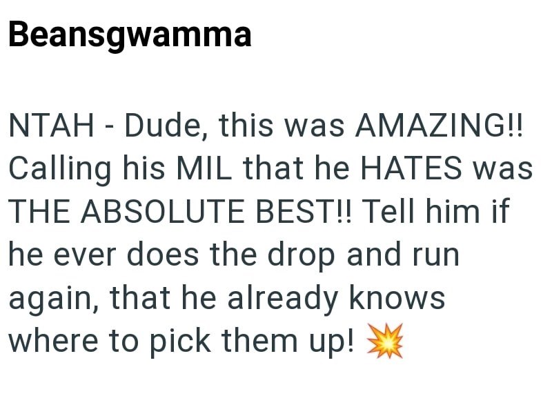 Beansgwamma NTAH - Dude, this was AMAZING!! Calling his MIL that he HATES was THE ABSOLUTE BEST!! Tell him if he ever does the drop and run again, that he already knows where to pick them up!