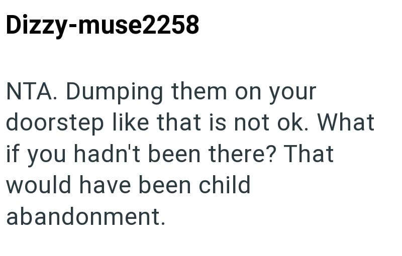 Dizzy-muse2258 NTA. Dumping them on your doorstep like that is not ok. What if you hadn't been there? That would have been child abandonment.