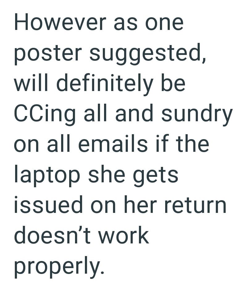 However as one poster suggested, will definitely be CCing all and sundry on all emails if the laptop she gets issued on her return doesn't work properly.