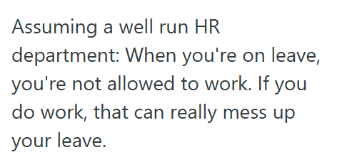 Assuming a well run HR department: When you're on leave, you're not allowed to work. If you do work, that can really mess up your leave.