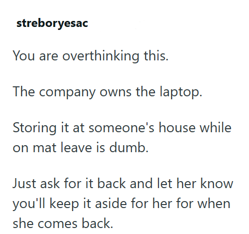 streboryesac You are overthinking this. The company owns the laptop. Storing it at someone's house while on mat leave is dumb. Just ask for it back and let her know you'll keep it aside for her for when she comes back.
