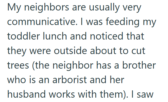 My neighbors are usually very communicative. I was feeding my toddler lunch and noticed that they were outside about to cut trees (the neighbor has a brother who is an arborist and her husband works with them). I saw