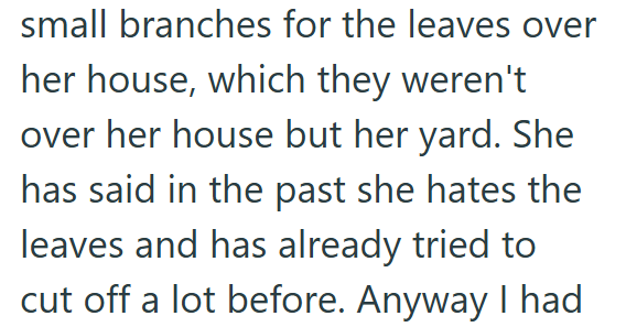 small branches for the leaves over her house, which they weren't over her house but her yard. She has said in the past she hates the leaves and has already tried to cut off a lot before. Anyway I had