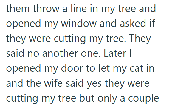 them throw a line in my tree and opened my window and asked if they were cutting my tree. They said no another one. Later I opened my door to let my cat in and the wife said yes they were cutting my tree but only a couple
