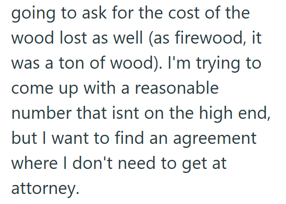 going to ask for the cost of the wood lost as well (as firewood, it was a ton of wood). I'm trying to come up with a reasonable number that isnt on the high end, but I want to find an agreement where I don't need to get at attorney.