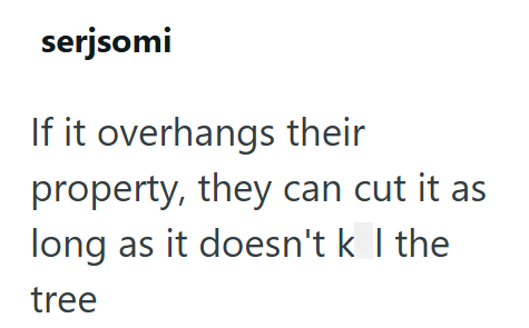 serjsomi If it overhangs their property, they can cut it as long as it doesn't k | the tree
