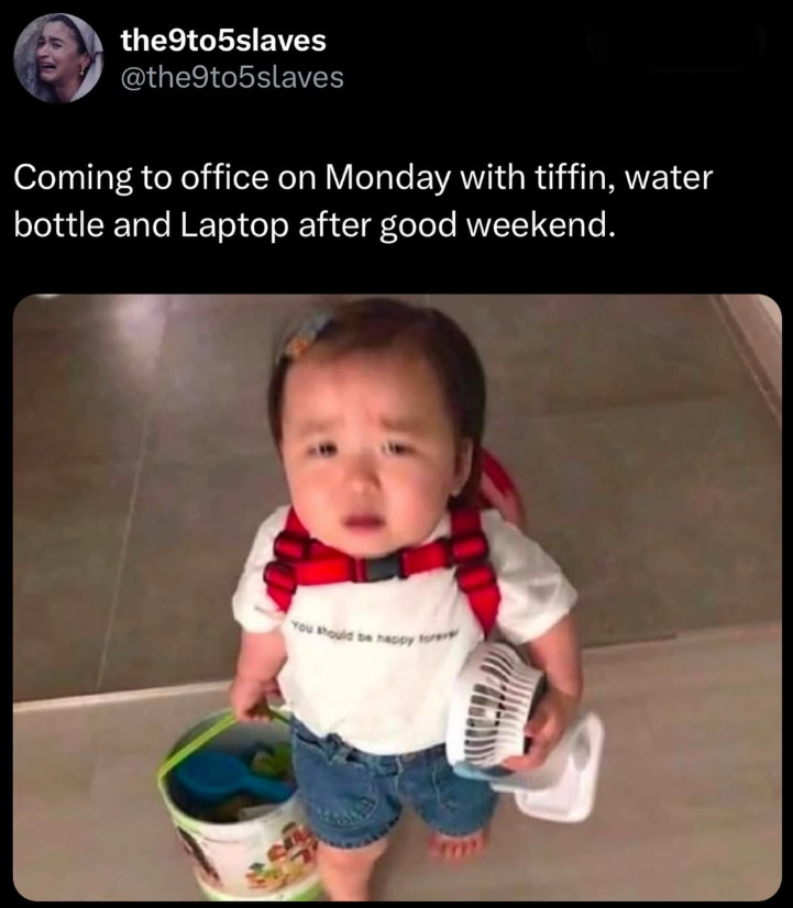the9to5slaves @the9to5slaves Coming to office on Monday with tiffin, water bottle and Laptop after good weekend. You should be happy fore