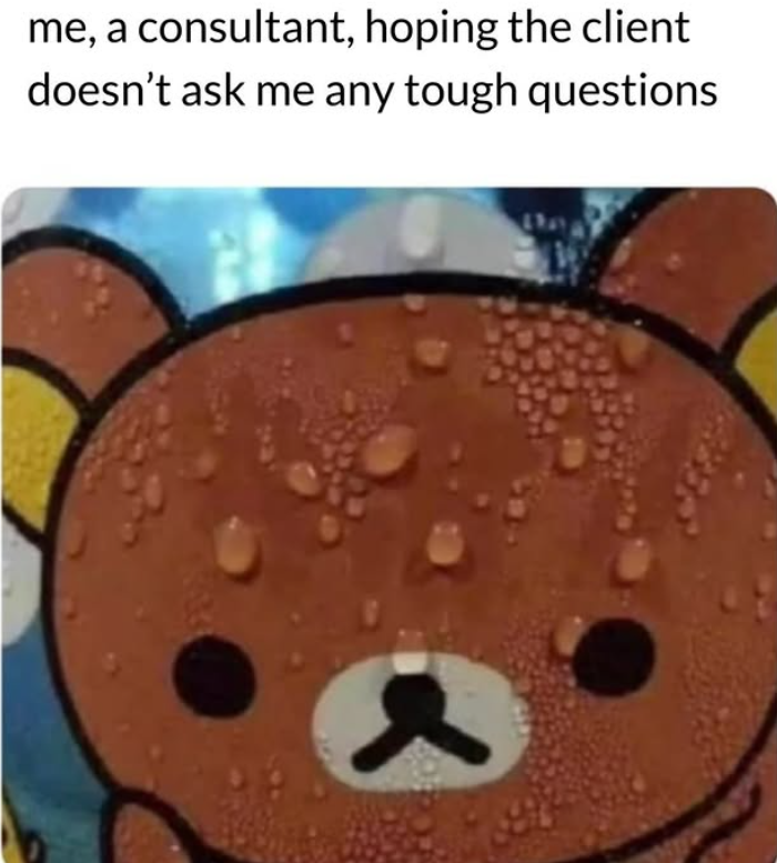 me, a consultant, hoping the client doesn't ask me any tough questions
