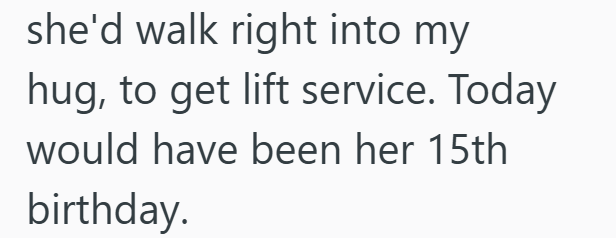 she'd walk right into my hug, to get lift service. Today would have been her 15th birthday.