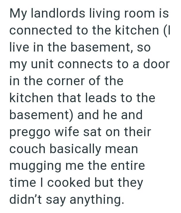 My landlords living room is connected to the kitchen (I live in the basement, so my unit connects to a door in the corner of the kitchen that leads to the basement) and he and preggo wife sat on their couch basically mean mugging me the entire time I cooked but they didn't say anything.