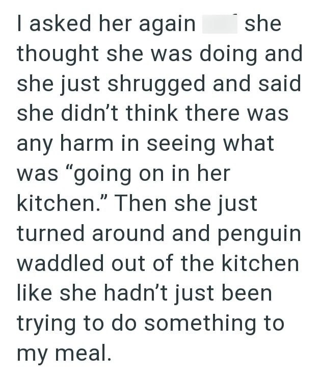 I asked her again she thought she was doing and she just shrugged and said she didn't think there was any harm in seeing what was "going on in her kitchen." Then she just turned around and penguin waddled out of the kitchen like she hadn't just been trying to do something to my meal.