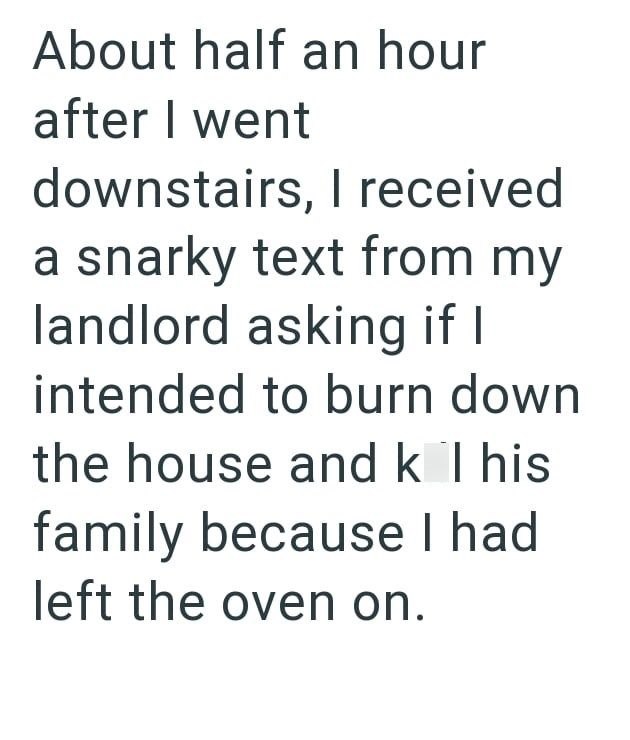 About half an hour after I went downstairs, I received a snarky text from my landlord asking if I intended to burn down the house and k I his family because I had left the oven on.