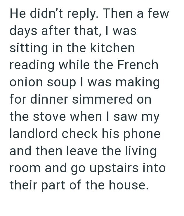He didn't reply. Then a few days after that, I was sitting in the kitchen reading while the French onion soup I was making for dinner simmered on the stove when I saw my landlord check his phone and then leave the living room and go upstairs into their part of the house.