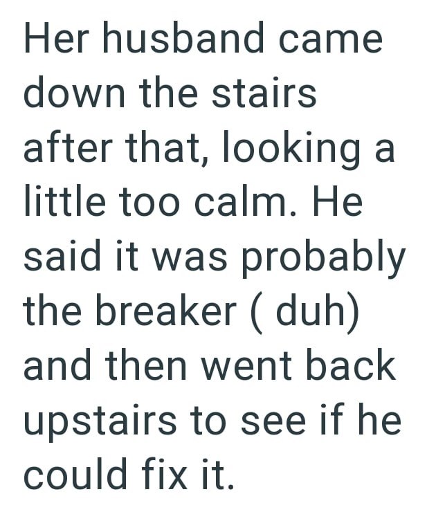 Her husband came down the stairs after that, looking a little too calm. He said it was probably the breaker (duh) and then went back upstairs to see if he could fix it.