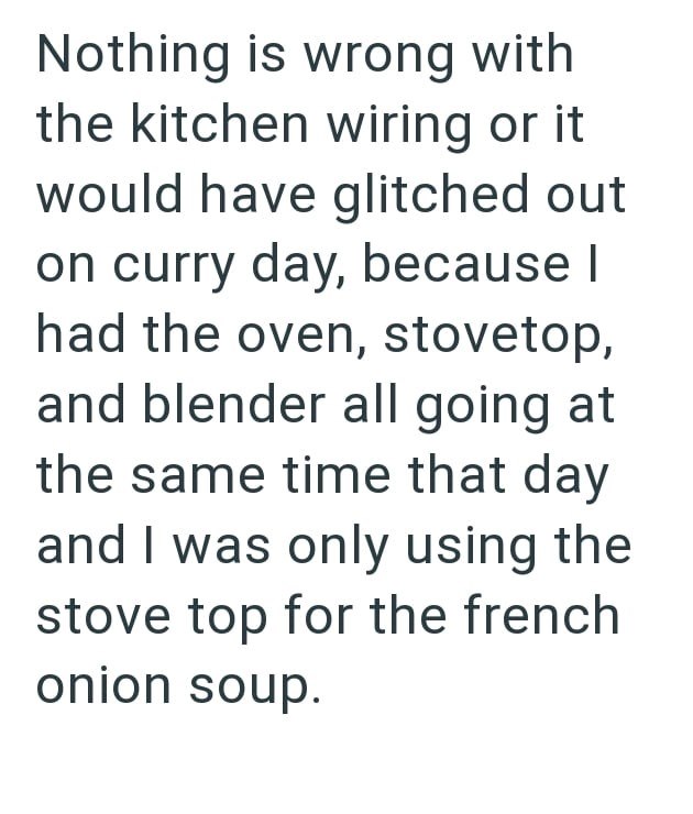 Nothing is wrong with the kitchen wiring or it would have glitched out on curry day, because I had the oven, stovetop, and blender all going at the same time that day and I was only using the stove top for the french onion soup.