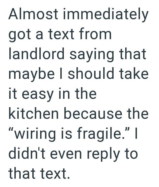 Almost immediately got a text from landlord saying that maybe I should take it easy in the kitchen because the "wiring is fragile." I didn't even reply to that text.
