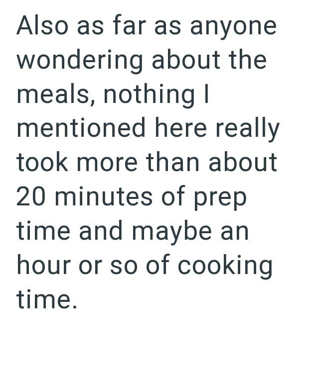 Also as far as anyone wondering about the meals, nothing I mentioned here really took more than about 20 minutes of prep time and maybe an hour or so of cooking time.