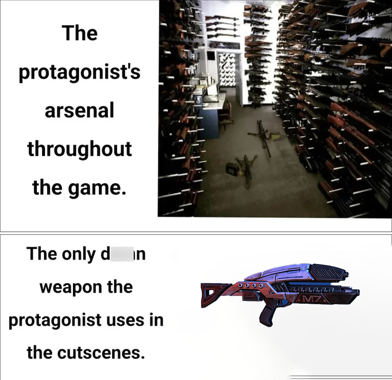 The protagonist's arsenal throughout the game. The only d weapon the in protagonist uses in the cutscenes. 000 M7