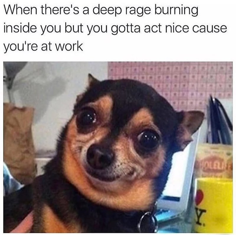 When there's a deep rage burning inside you but you gotta act nice cause you're at work HOLELIE