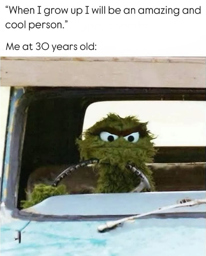 "When I grow up I will be an amazing and cool person." Me at 30 years old: T