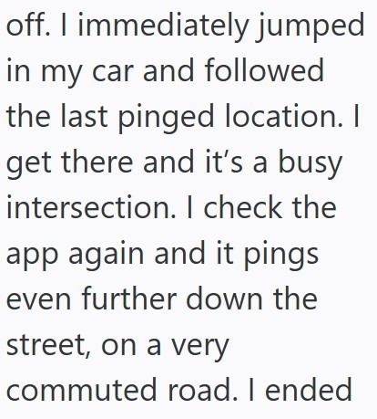 off. I immediately jumped in my car and followed the last pinged location. I get there and it's a busy intersection. I check the app again and it pings even further down the street, on a very commuted road. I ended