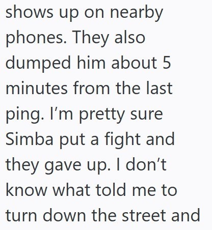 shows up on nearby phones. They also dumped him about 5 minutes from the last ping. I'm pretty sure Simba put a fight and they gave up. I don't know what told me to turn down the street and