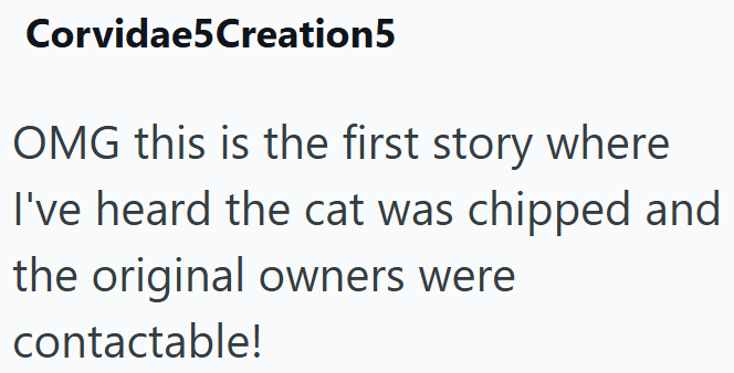 Corvidae5Creation5 OMG this is the first story where I've heard the cat was chipped and the original owners were contactable!