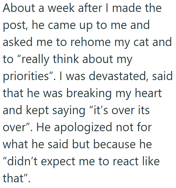 About a week after I made the post, he came up to me and asked me to rehome my cat and to "really think about my priorities". I was devastated, said that he was breaking my heart and kept saying "it's over its over". He apologized not for what he said but because he "didn't expect me to react like that".