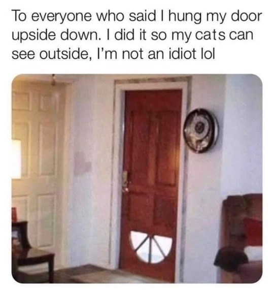 To everyone who said I hung my door upside down. I did it so my cats can see outside, I'm not an idiot lol