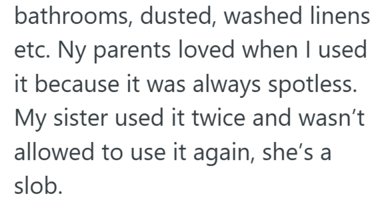 bathrooms, dusted, washed linens etc. Ny parents loved when I used it because it was always spotless. My sister used it twice and wasn't allowed to use it again, she's a slob.