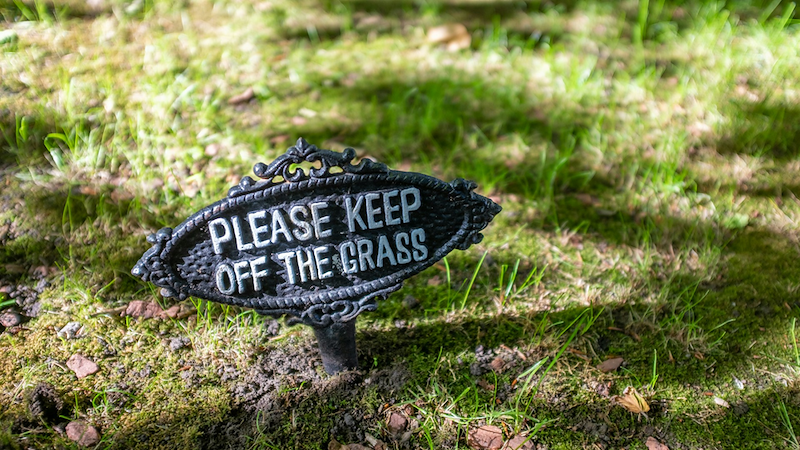 Close-up of a lawn with a black ‘keep off the grass’ sign.