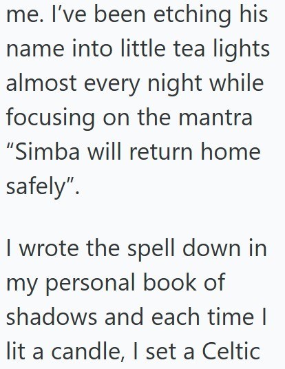 me. I've been etching his name into little tea lights almost every night while focusing on the mantra "Simba will return home safely". I wrote the spell down in my personal book of shadows and each time I lit a candle, I set a Celtic