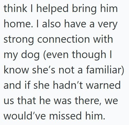 think I helped bring him home. I also have a very strong connection with my dog (even though I know she's not a familiar) and if she hadn't warned us that he was there, we would've missed him.