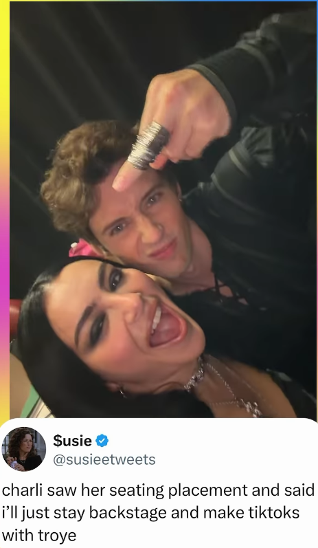 $usie ❤ @susieetweets charli saw her seating placement and said i'll just stay backstage and make tiktoks with troye