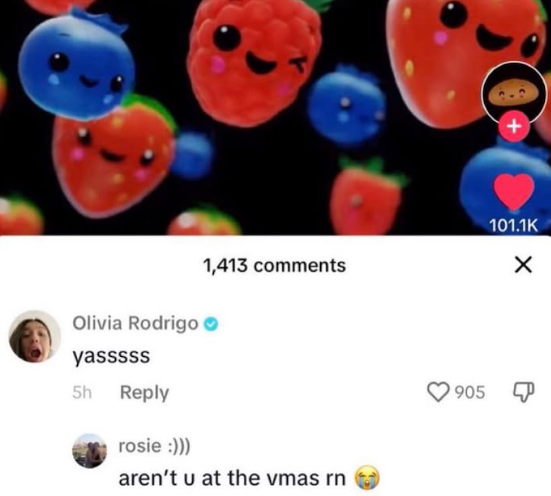 Olivia Rodrigo yasssss 5h Reply 101.1K 1,413 comments ☑ rosie :))) aren't u at the vmas rn 905 P