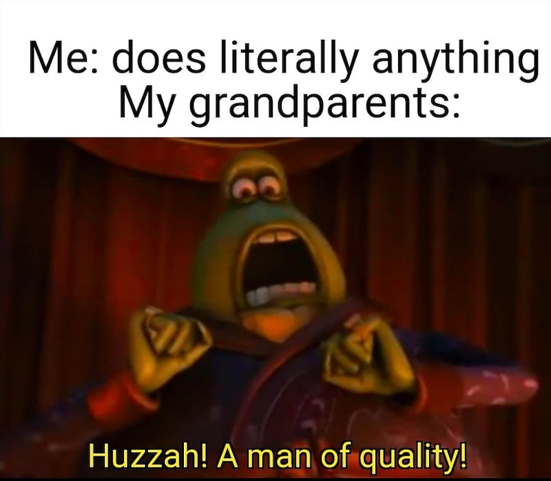 Me: does literally anything My grandparents: Huzzah! A man of quality!