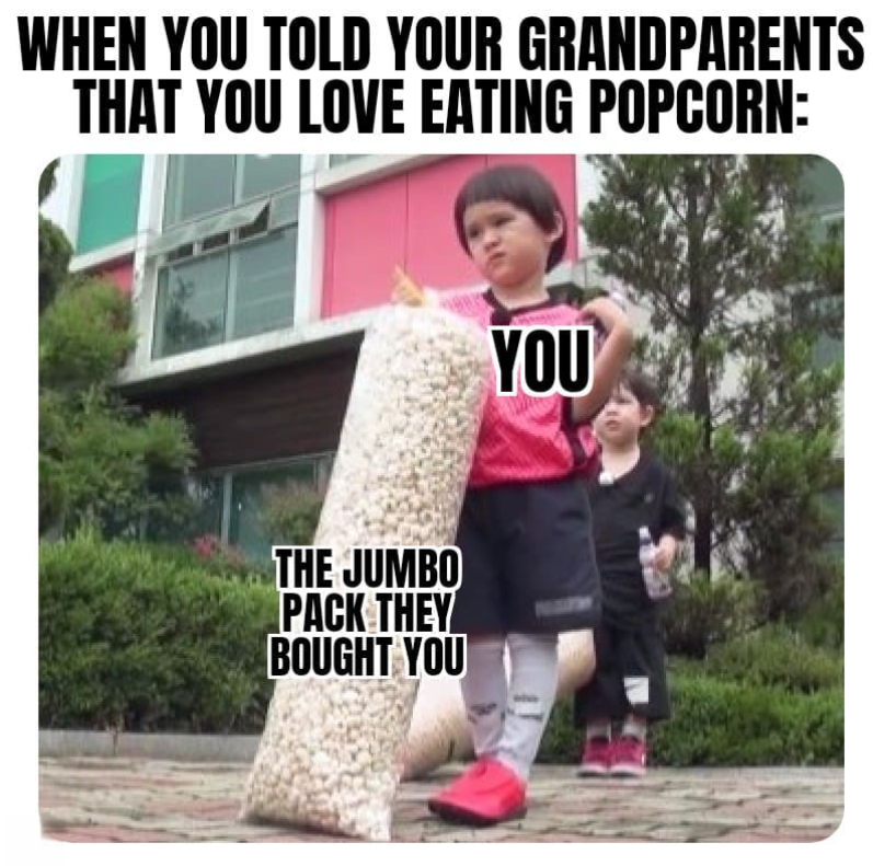 WHEN YOU TOLD YOUR GRANDPARENTS THAT YOU LOVE EATING POPCORN: THE JUMBO PACK THEY BOUGHT YOU YOU