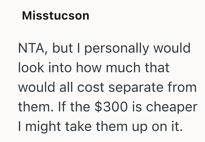 Misstucson NTA, but I personally would look into how much that would all cost separate from them. If the $300 is cheaper I might take them up on it.
