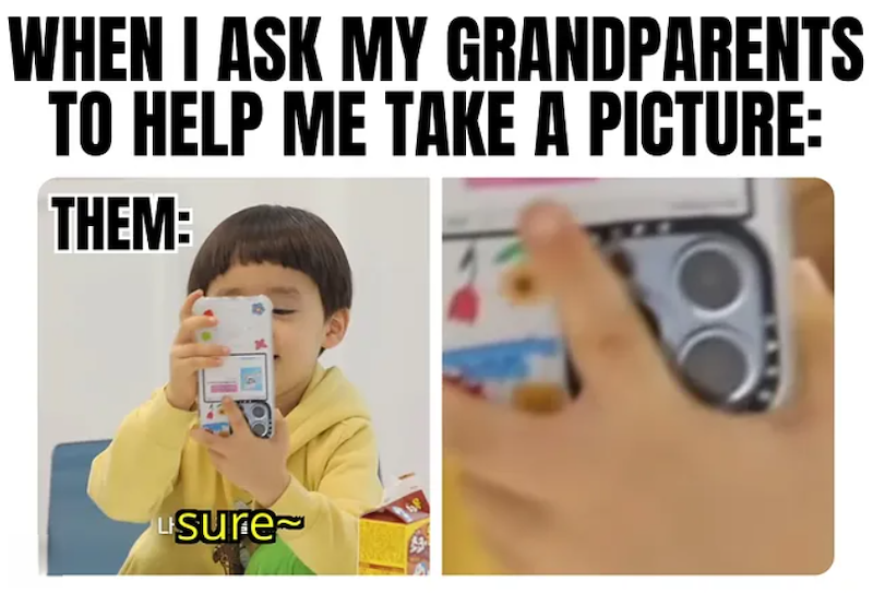WHEN I ASK MY GRANDPARENTS TO HELP ME TAKE A PICTURE: THEM: Lsure